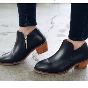 Black Leather Ankle Booties with Side Zip and Stacked Heel